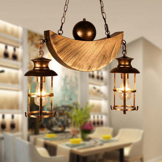 Retro Industrial Caged Pendant Chandelier - Metal 2 Lights Gold/Silver Hanging Fixture For Living