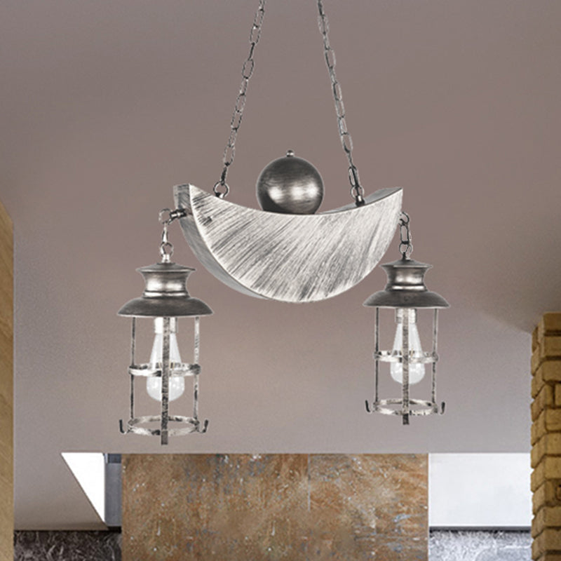 Retro Industrial Metal Pendant Chandelier with 2 Lights - Caged Living Room Fixture (Gold/Silver)