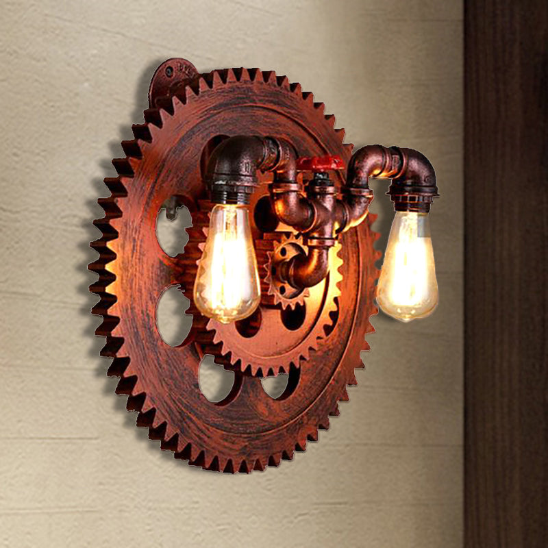 Vintage Copper 2-Light Wall Sconce With Clear Glass Gear Fixture Weathered