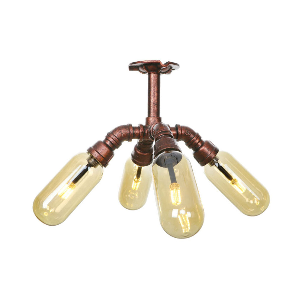 Evelyn's Antique Copper 4/6 Lights Ceiling Mount Rustic Style Amber Glass Sputnik Semi Flush Light.