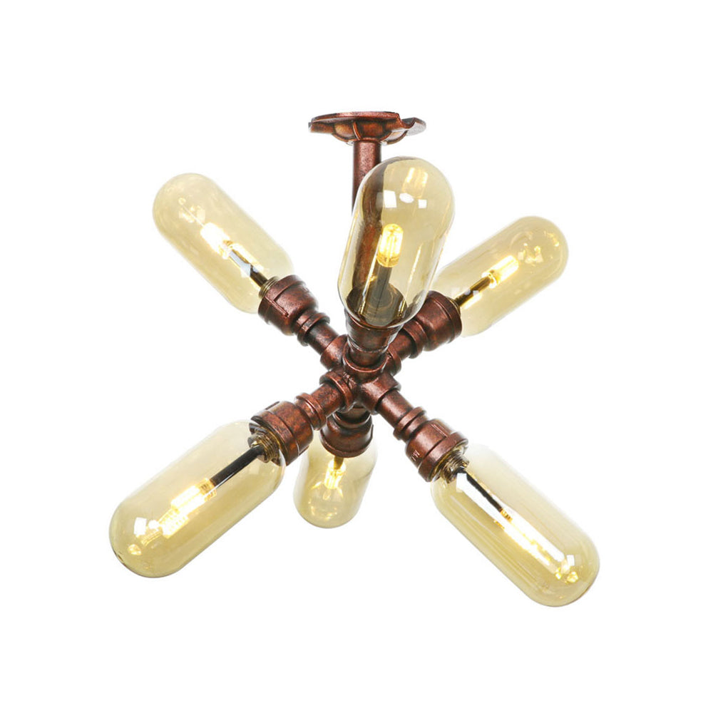 Rustic Amber Glass Sputnik Semi Flush Light - Antique Copper 4/6 Lights Ceiling Mount