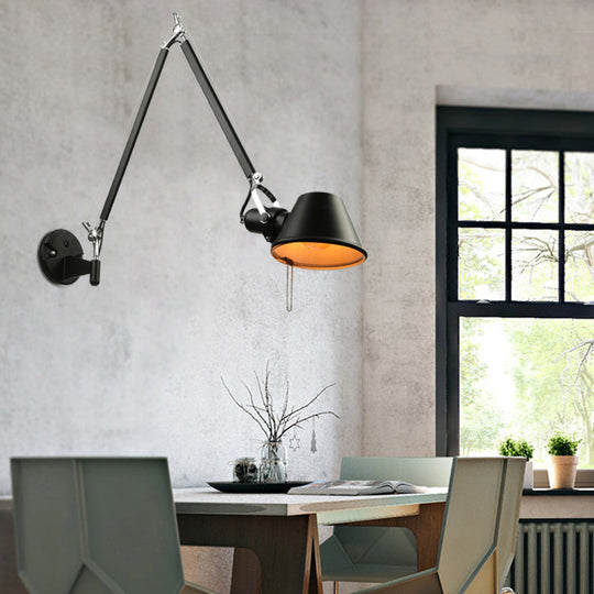 Retro Swing Arm Wall Lamp With Metallic Finish And Tapered Design - Ideal For Study Room Lighting