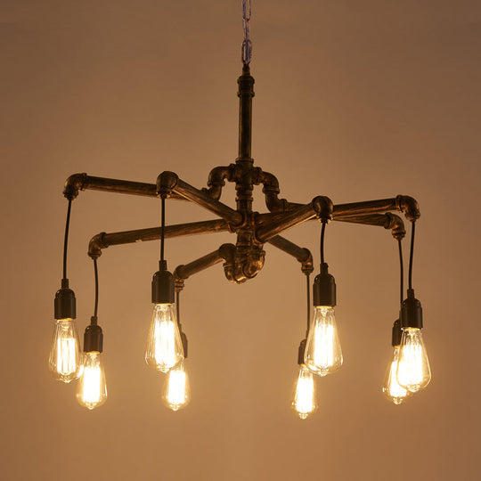Rustic Aged Silver/Bronze Pipe Chandelier Lamp - Wrought Iron Exposed Bulb 6/8 Heads Indoor Hanging