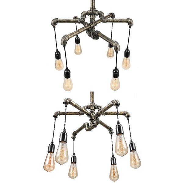 Rustic Aged Silver/Bronze Pipe Chandelier Lamp with Exposed Bulb - 6/8 Heads Indoor Hanging Light