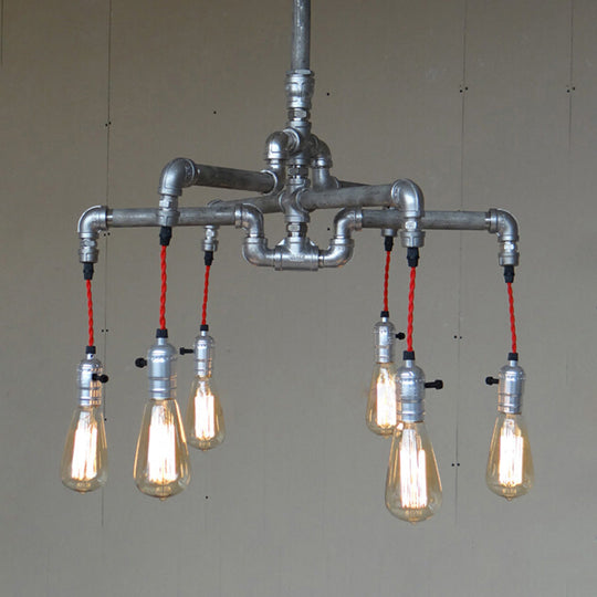Rustic Aged Silver/Bronze Pipe Chandelier Lamp - Wrought Iron Exposed Bulb 6/8 Heads Indoor Hanging