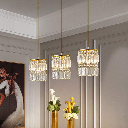 Modern Brass Pendant Ceiling Light with Crystal Prism Cylindrical Design – 3 Heads, Round/Linear Canopy