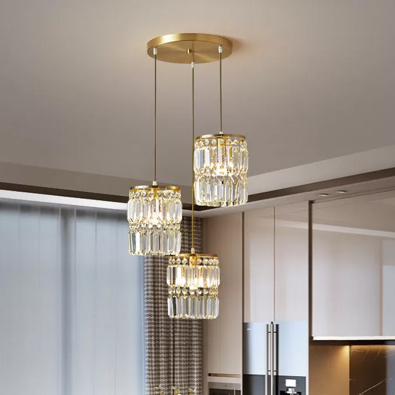 Modern Multi-Pendant Brass Ceiling Light With Crystal Prism Cylinders / Round