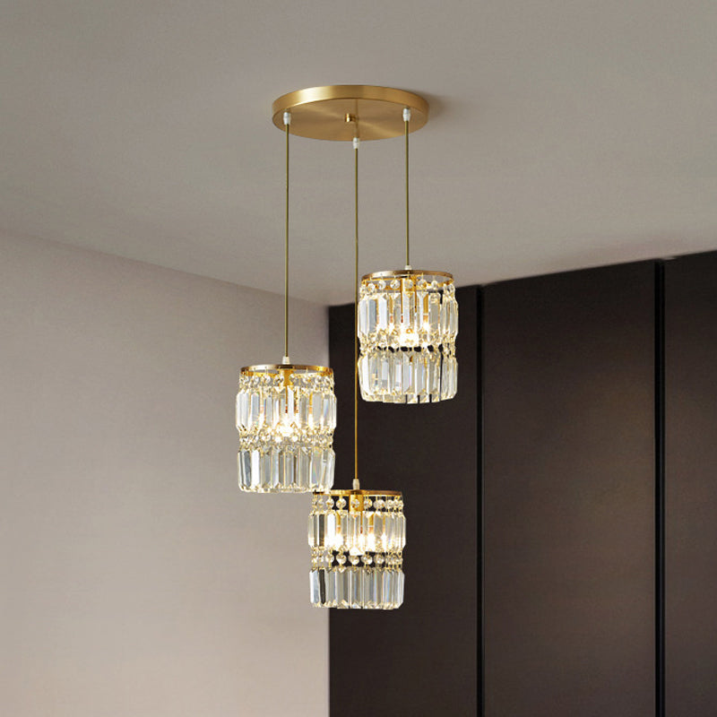 Modern Multi-Pendant Brass Ceiling Light With Crystal Prism Cylinders