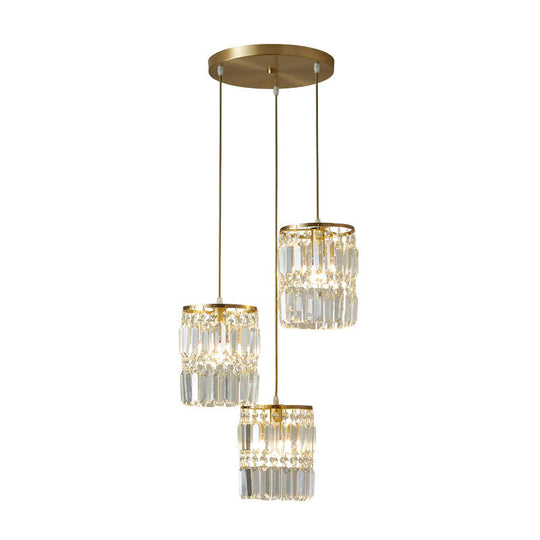 Modern Multi-Pendant Brass Ceiling Light With Crystal Prism Cylinders