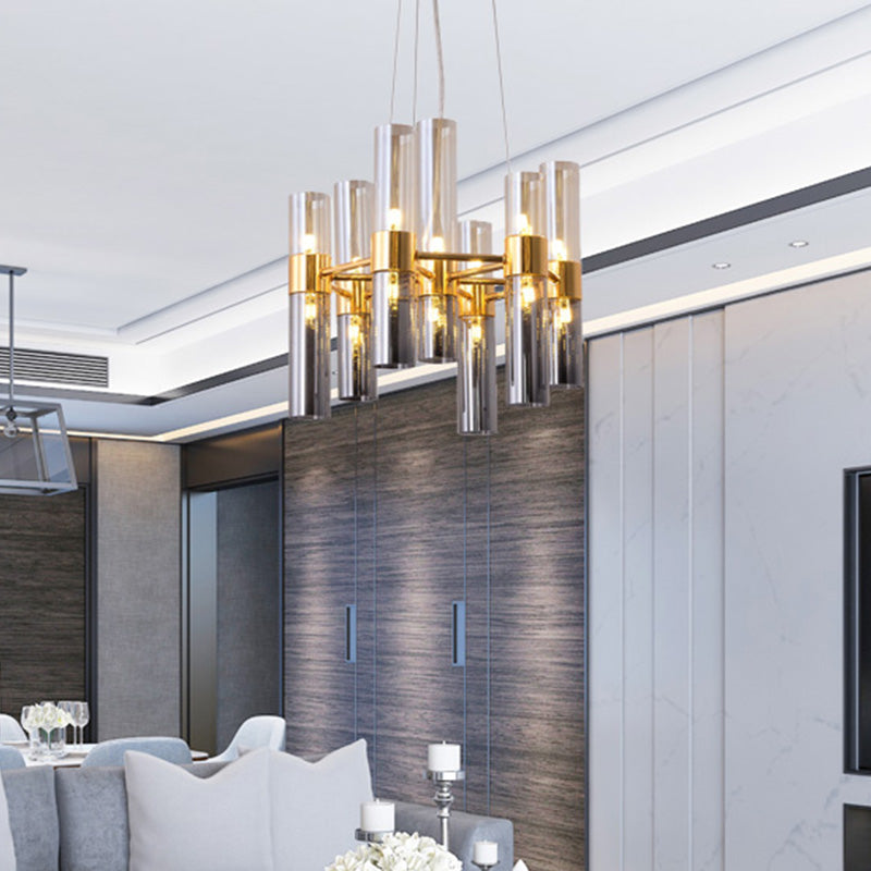 Modern Gold Pipe Chandelier With Smoke Glass Shades - 14/24/26 Lights Pendant For Bedroom 14 /