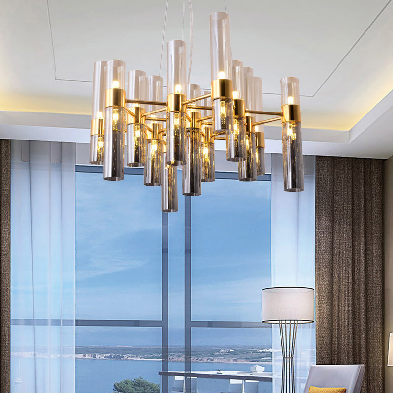 Modern Gold Pipe Chandelier With Smoke Glass Shades - 14/24/26 Lights Pendant For Bedroom 24 /