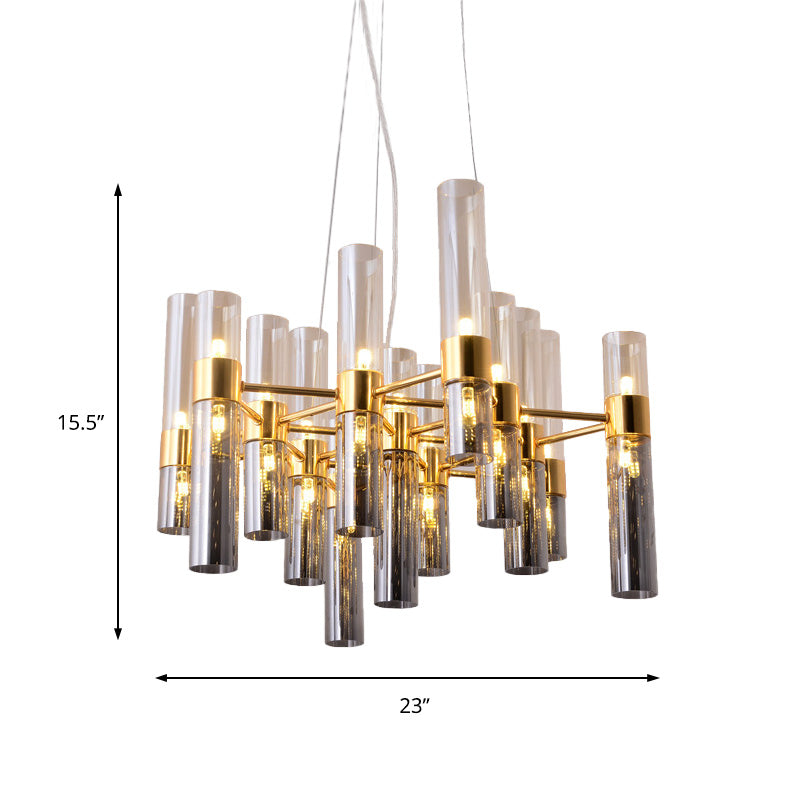 Modern Gold Pipe Chandelier With Smoke Glass Shades - 14/24/26 Lights Pendant For Bedroom