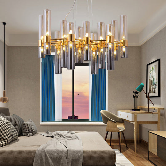 Modern Gold Pipe Chandelier With Smoke Glass Shades - 14/24/26 Lights Pendant For Bedroom 38 /