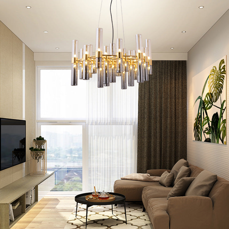 Modern Gold Pipe Chandelier With Smoke Glass Shades - 14/24/26 Lights Pendant For Bedroom 26 /