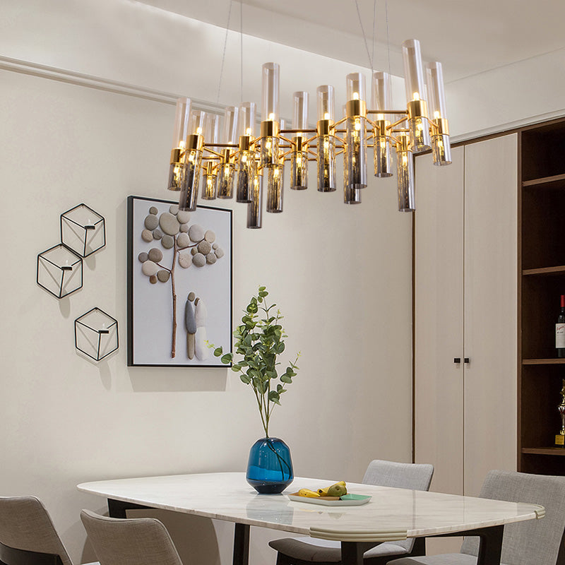 Modern Gold Pipe Chandelier With Smoke Glass Shades - 14/24/26 Lights Pendant For Bedroom