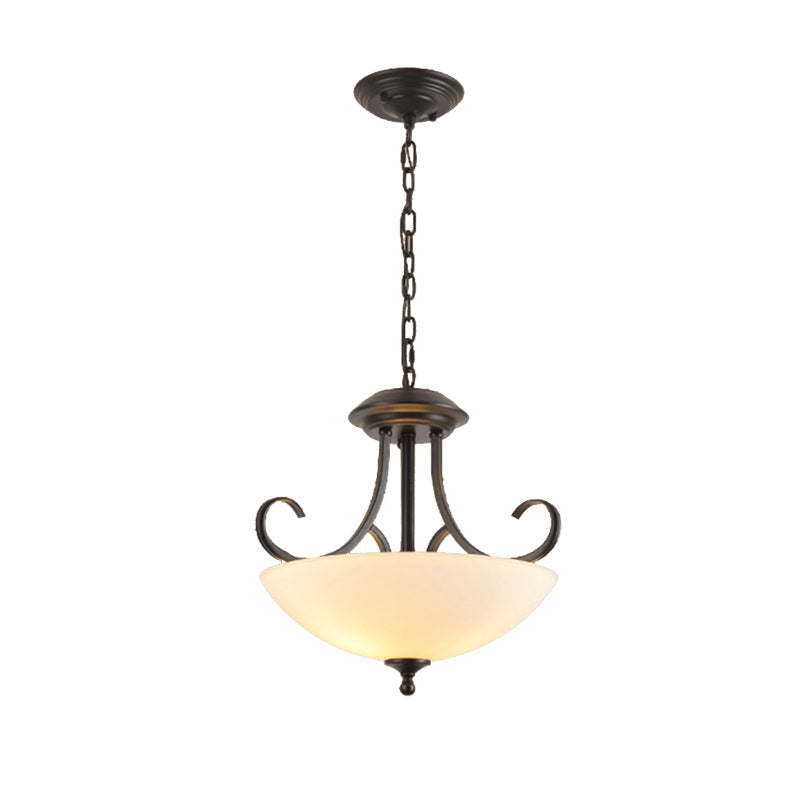 Traditional Black Frosted Glass Chandelier - 3-Bulb Bowl Ceiling Light Fixture