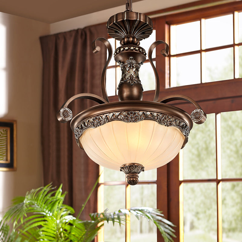 Traditional Rust Bowl Pendant Light With Frosted Textured Glass - 3 Chandelier For Bedroom