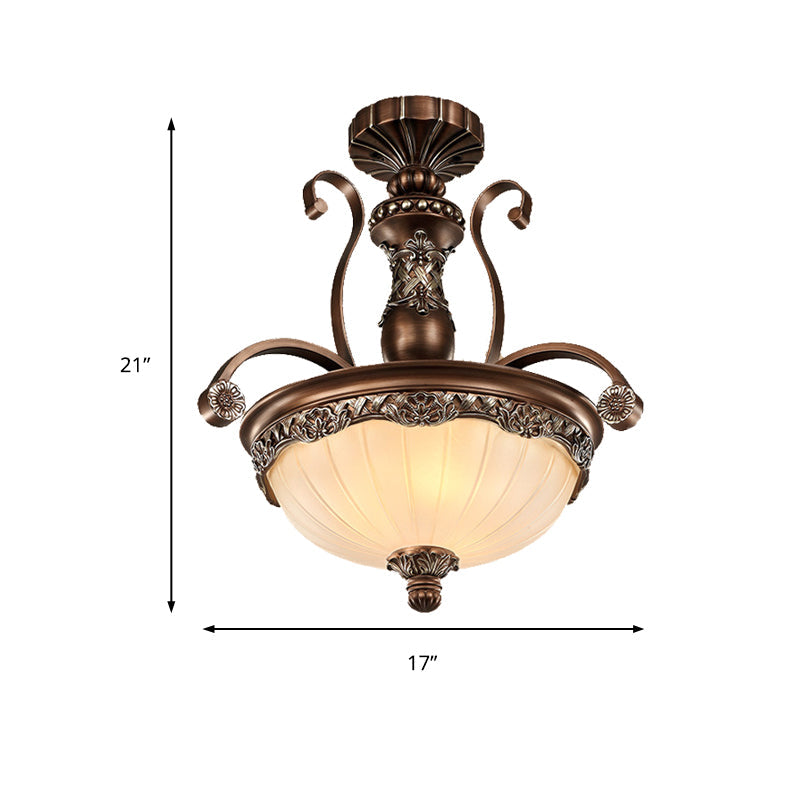 Traditional Rust Bowl Pendant Light With Frosted Textured Glass - 3 Chandelier For Bedroom