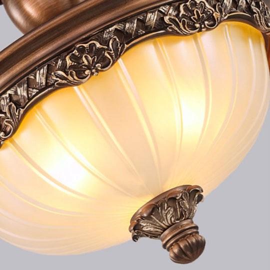 Traditional Rust Bowl Pendant Light With Frosted Textured Glass - 3 Chandelier For Bedroom