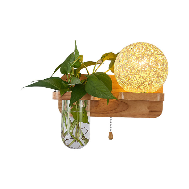 Spherical Rattan Bedside Sconce Light With Pull Chain - Modern Wood Wall Fixture