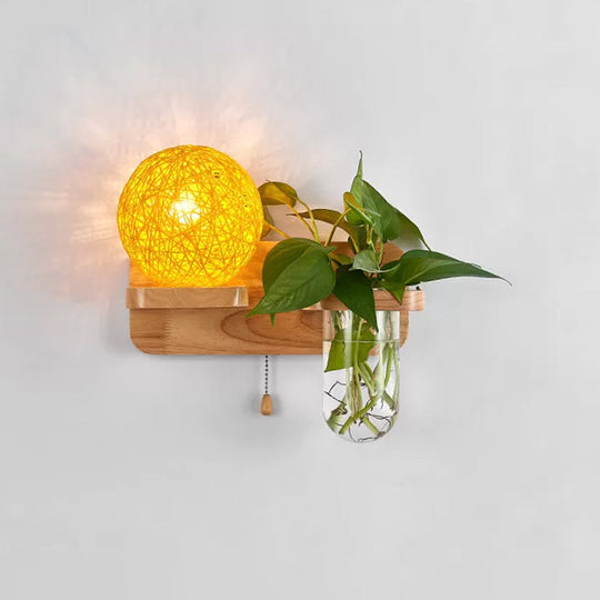 Spherical Rattan Bedside Sconce Light With Pull Chain - Modern Wood Wall Fixture Yellow / Left