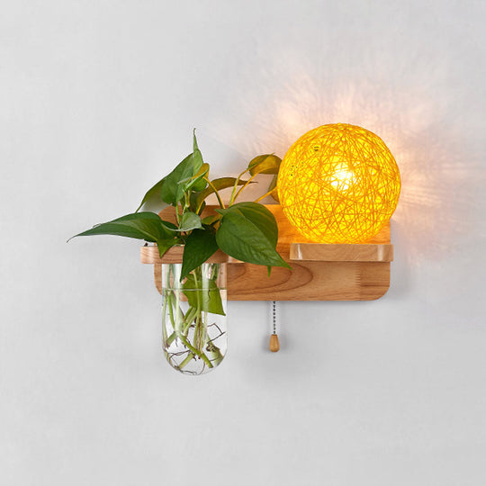 Spherical Rattan Bedside Sconce Light With Pull Chain - Modern Wood Wall Fixture Yellow / Right