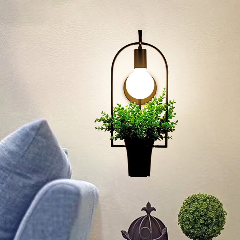Vintage Geometric Wall Mount Light With Plant Decor - 1 Head Iron Fixture In Black / A