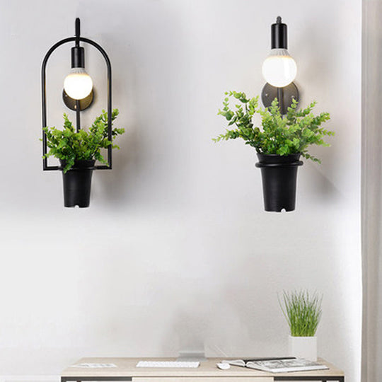 Vintage Geometric Wall Mount Light With Plant Decor - 1 Head Iron Fixture In Black