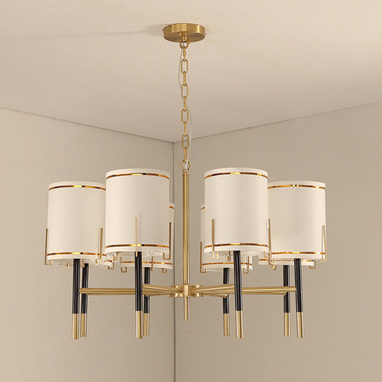 Modern Gold Chandelier Light Fixture - Cylindrical Fabric Ceiling Lighting For Living Room