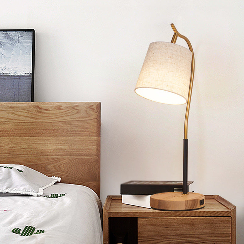 Barrel Shaped Bedside Nightstand Lamp - Fabric Shade Simplicity Table Light With Gooseneck Arm