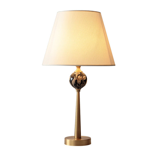 Contemporary Sphere Patterned Ceramic Table Light With Bronze Nightstand Lamp And Fabric Shade