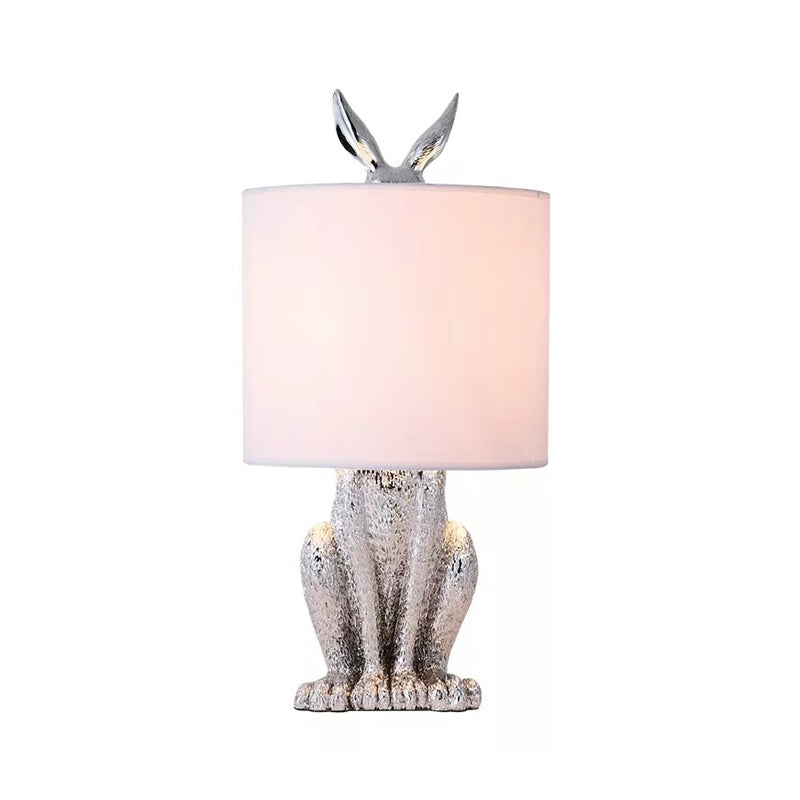 Rabbit Nightstand Lamp - Decorative Resin Bedside Table Light With Fabric Shade Silver