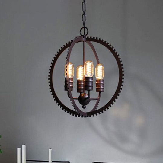 Industrial Hanging Chandelier In Bronze With Globe Shade For Dining Room - 4 Lights Ceiling Pendant