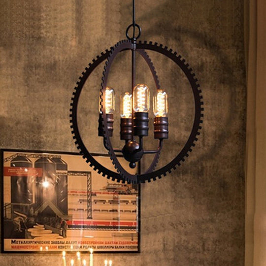 Industrial Hanging Chandelier In Bronze With Globe Shade For Dining Room - 4 Lights Ceiling Pendant