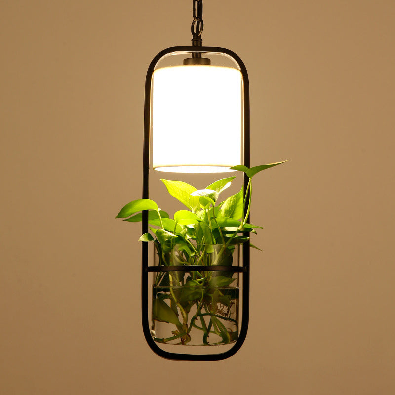 Rustic Single Pendant Light With Fabric Shade And Glass Planter In Black