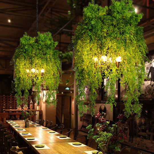 Retro Green Metallic Plant Chandelier Light With 4 Bulbs - Perfect For Restaurants