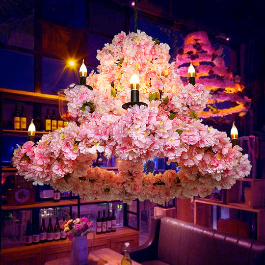 Rustic Candlestick Chandelier With 9 Bulbs Pink Cherry Blossom Decor
