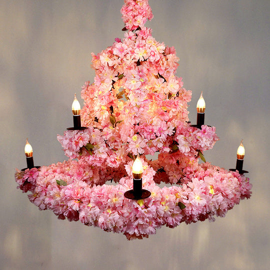Rustic Candlestick Chandelier With 9 Bulbs Pink Cherry Blossom Decor
