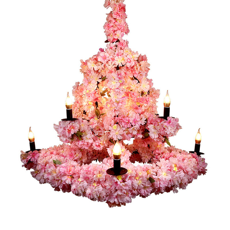 Rustic Metallic Chandelier Light with 9 Bulbs, Cherry Blossom Pink Decor