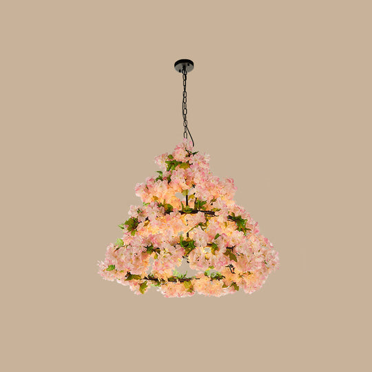 Iron Cage Ceiling Chandelier with Artificial Flower - Perfect for Industrial Restaurant Lighting