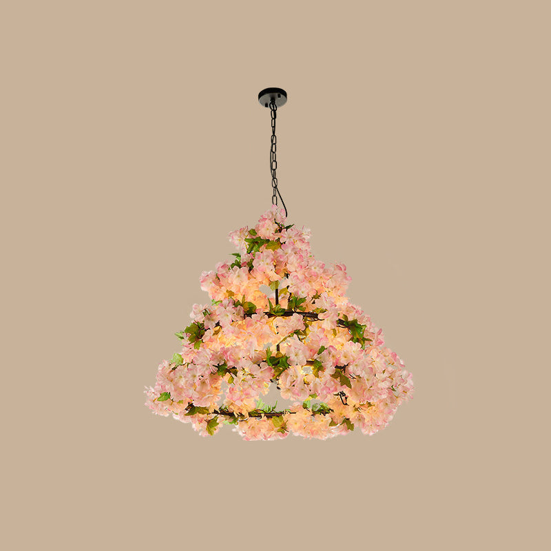 Iron Cone Cage Ceiling Lighting Industrial Chandelier With Artificial Flower - Perfect For