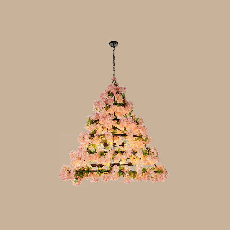 Iron Cone Cage Ceiling Lighting Industrial Chandelier With Artificial Flower - Perfect For