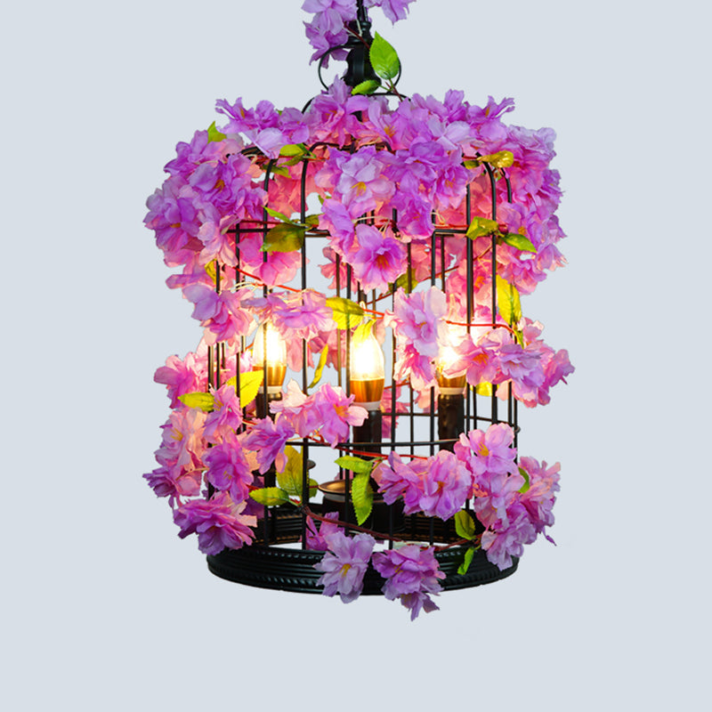 Antique Cage Iron Pendant Light With Decorative Plant Single-Bulb Hanging Fixture Purple