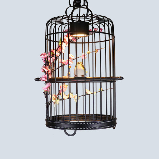 Antique Iron Pendant Light with Decorative Plant and Cage Fixture