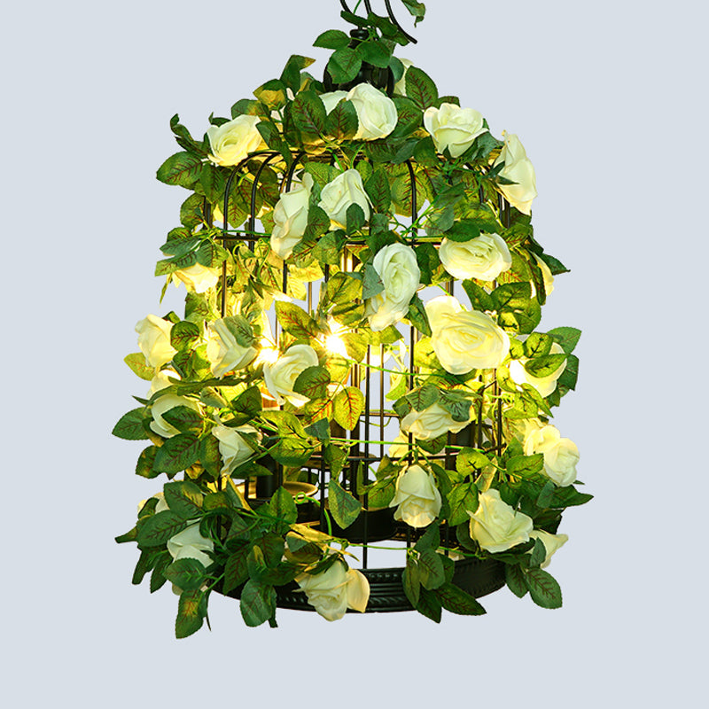 Antique Cage Iron Pendant Light With Decorative Plant Single-Bulb Hanging Fixture Lemon Yellow