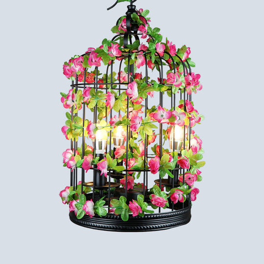 Antique Cage Iron Pendant Light With Decorative Plant Single-Bulb Hanging Fixture Burgundy