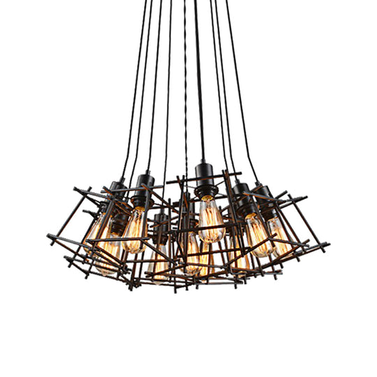 Black Metal Square Caged Chandelier - 10-Light Industrial Pendant Light for Dining Room