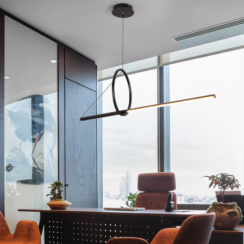 Contemporary Black Led Ceiling Light With Metal Ring And Linear Island Design For Dining Room
