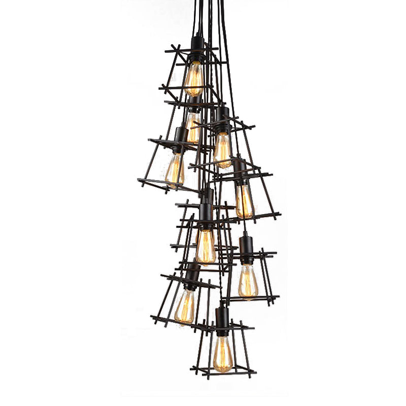 Black Metal Square Caged Chandelier - 10-Light Industrial Pendant Light for Dining Room