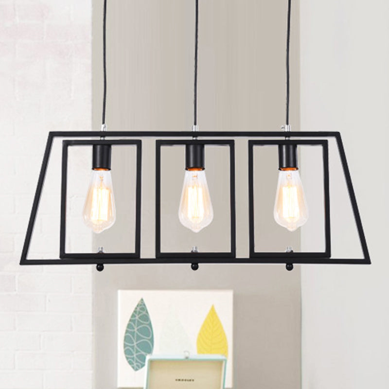 Industrial Metal Hanging Pendant Light Fixture - Trapezoid Frame 3-Light Black Rectangle Shade For